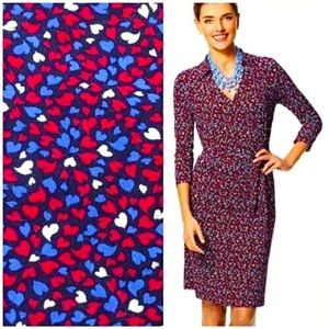 TALBOTS Heart Print Faux Wrap Dress Red White Blue